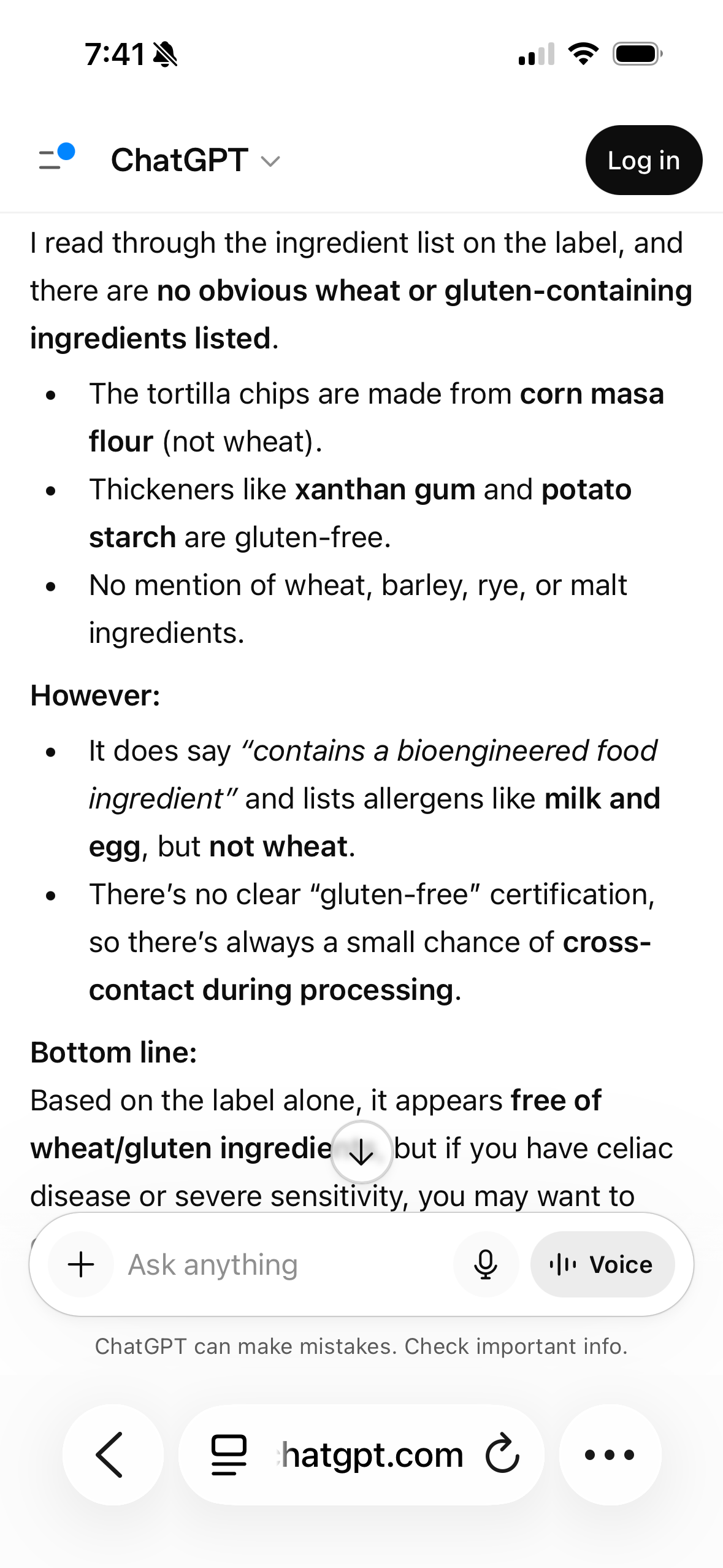 ChatGPT response analyzing ingredients for gluten